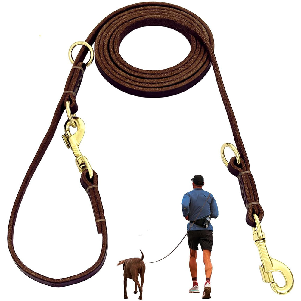Leather Strap Quick Release - สายจูงสุนัขหนังแท้แบบมัลติฟังก์ชั่น สายจูงวิ่งแบบแฮนด์ฟรี สายจูงคู่สำหรับพาสุนัขเดิน สายจูงสำหรับสุนัขสองตัว อุปกรณ์สำหรับสัตว์เลี้ยง