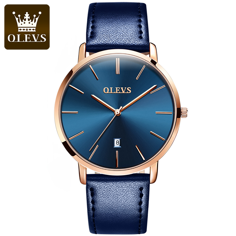 Leather Watch Band Men - Original OLEVS นาฬิกาควอตซ์สําหรับชายนาฬิกากันน้ําผู้ชาย 6.5 มม.บางวันที่สายหนังนาฬิกาข้อมือผู้ชายนาฬิกาธุรกิจ