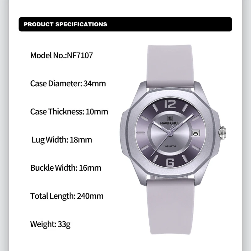 NAVIFORCE 7107 นาฬิกาสําหรับสต - Silicone Band Women บทวิจารณ์และราคา