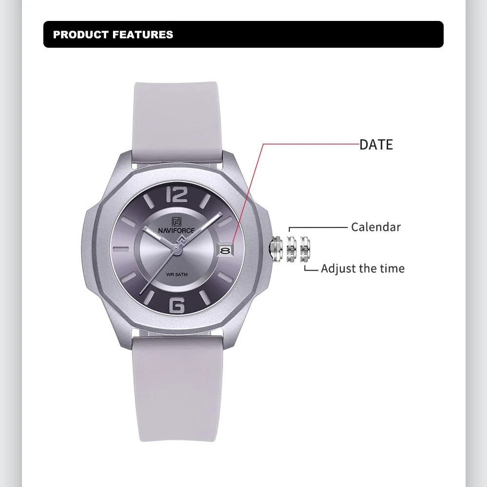NAVIFORCE 7107 นาฬิกาสําหรับสต - Silicone Band Women บทวิจารณ์และราคา